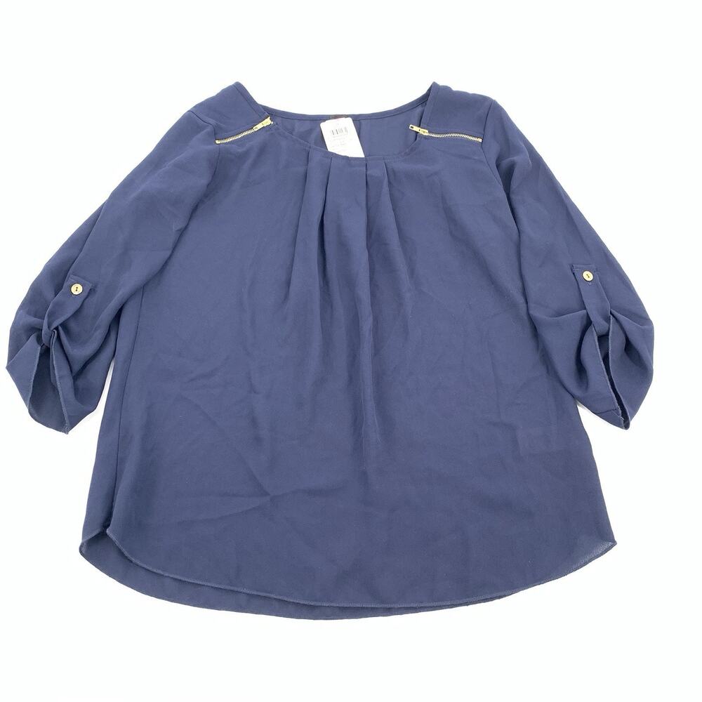 NWT Windsor Chiffon Roll Tab Sleeve Zipper Shoulder Blouse Small Navy Blue Top S